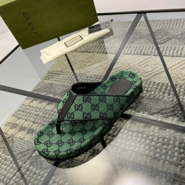 Gucci Green Black GG Monogram Canvas Thong Strap Slippers 3