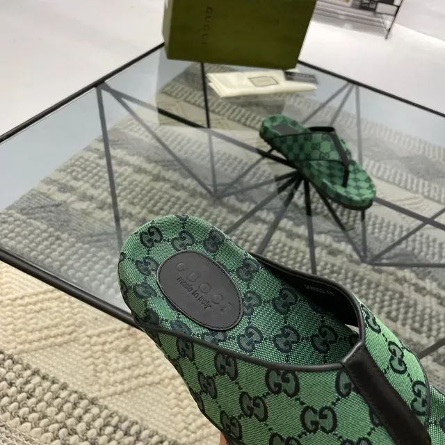 Gucci Green Black GG Monogram Canvas Thong Strap Slippers 5