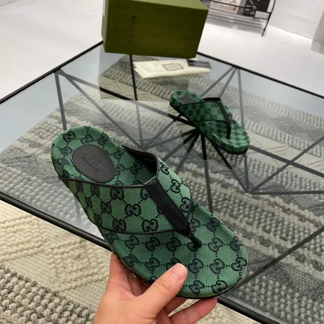 Gucci Green Black GG Monogram Canvas Thong Strap Slippers 7