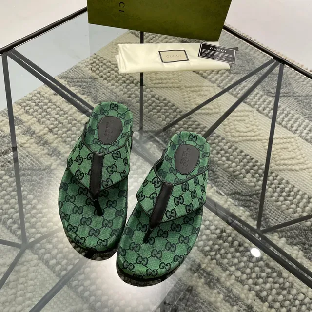 Gucci Green Black GG Monogram Canvas Thong Strap Slippers 8