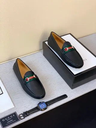 Gucci Horsebit 1955 Couro Preto Verde Granulado Fivela Loafer 3