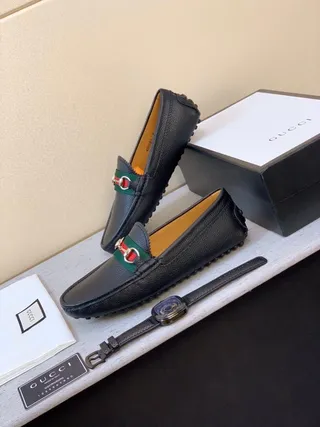 Gucci Horsebit 1955 Couro Preto Verde Granulado Fivela Loafer 4