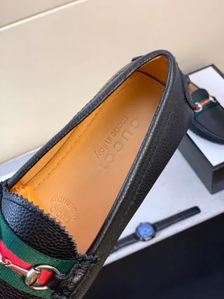 Gucci Horsebit 1955 Couro Preto Verde Granulado Fivela Loafer 6