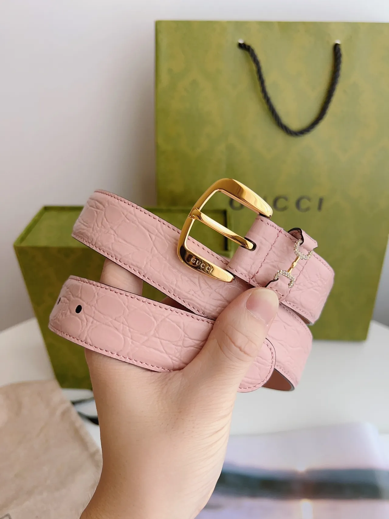 Gucci Horsebit 1955 Pink Textured Leather Belt 2