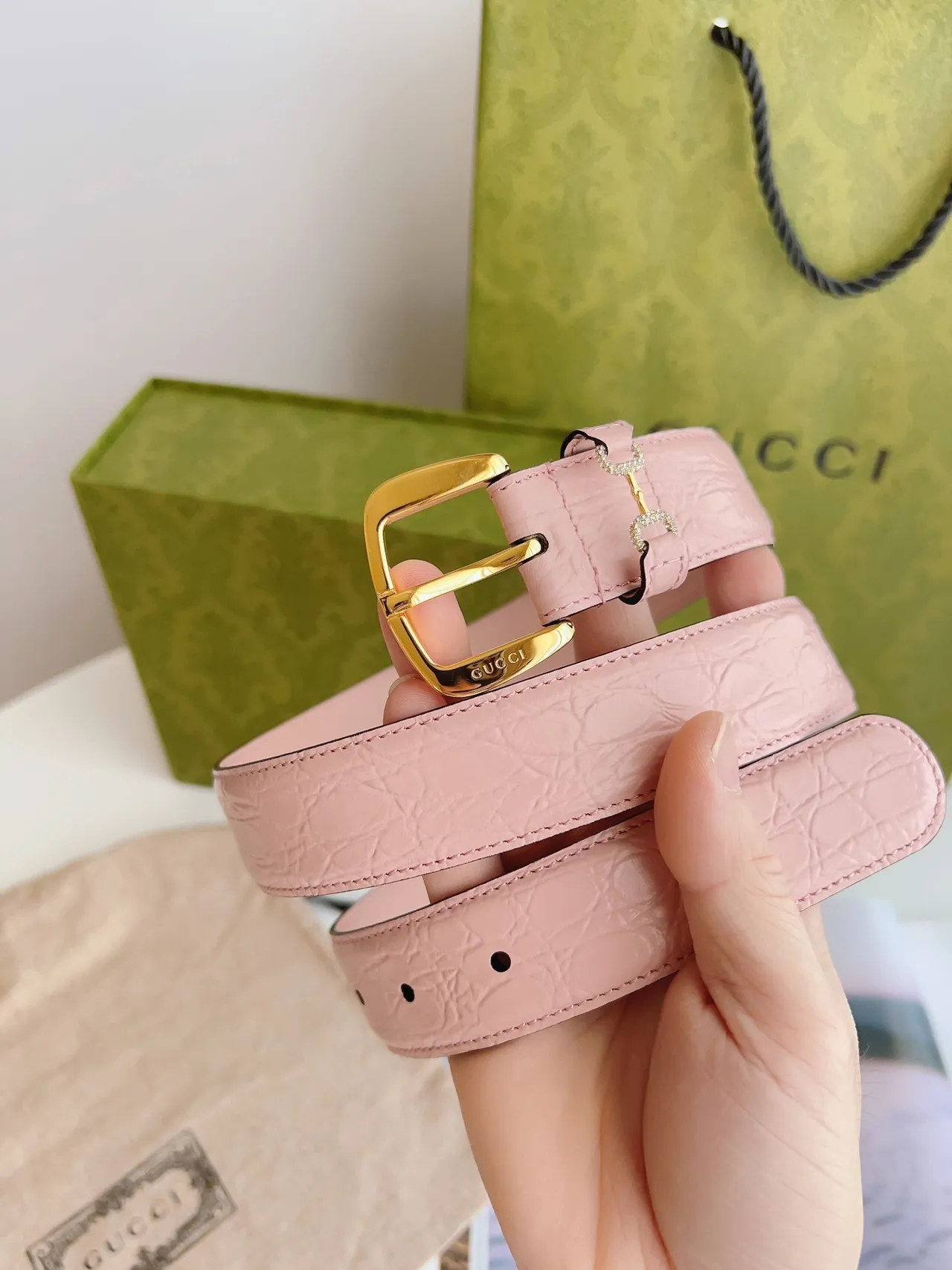 Gucci Horsebit 1955 Pink Textured Leather Belt 3