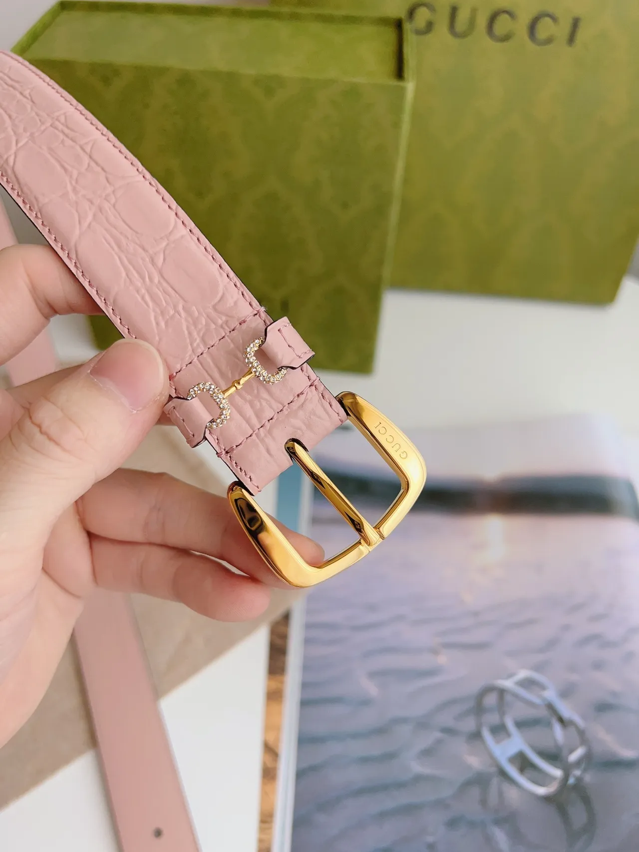 Gucci Horsebit 1955 Pink Textured Leather Belt 4