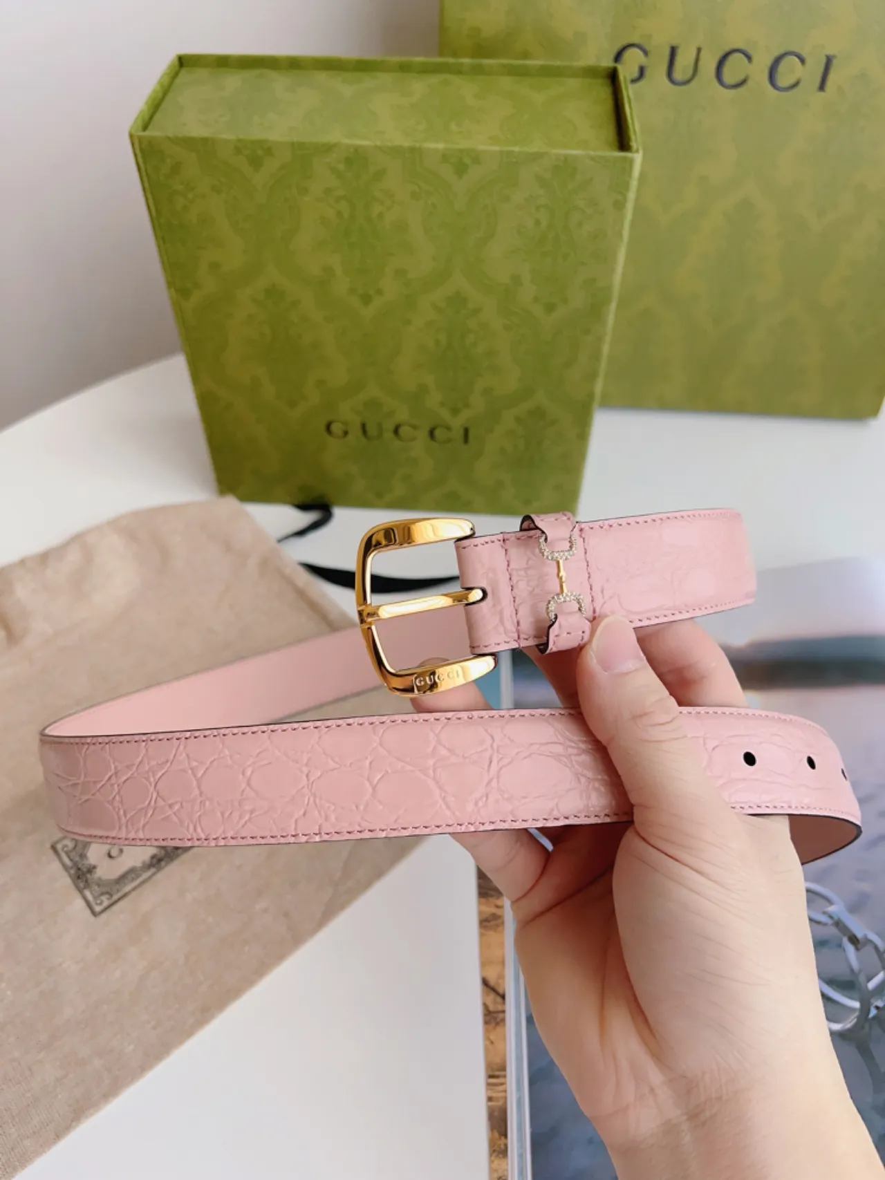 Gucci Horsebit 1955 Pink Textured Leather Belt 5