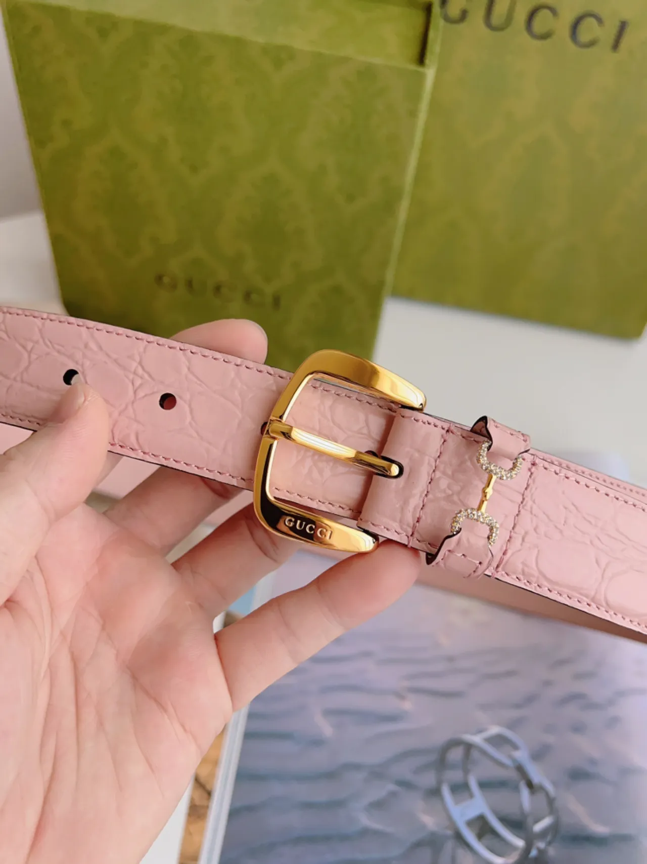 Gucci Horsebit 1955 Pink Textured Leather Belt 7