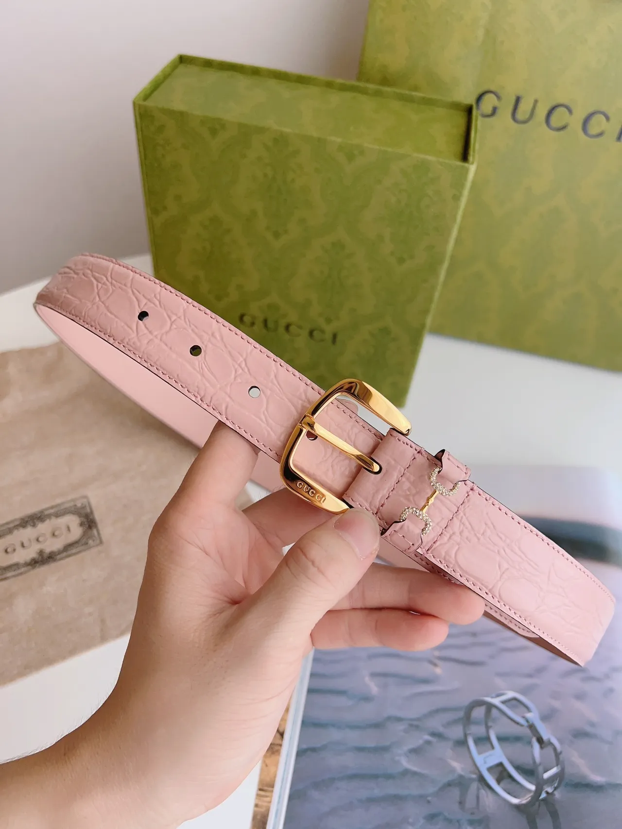 Gucci Horsebit 1955 Pink Textured Leather Belt 8