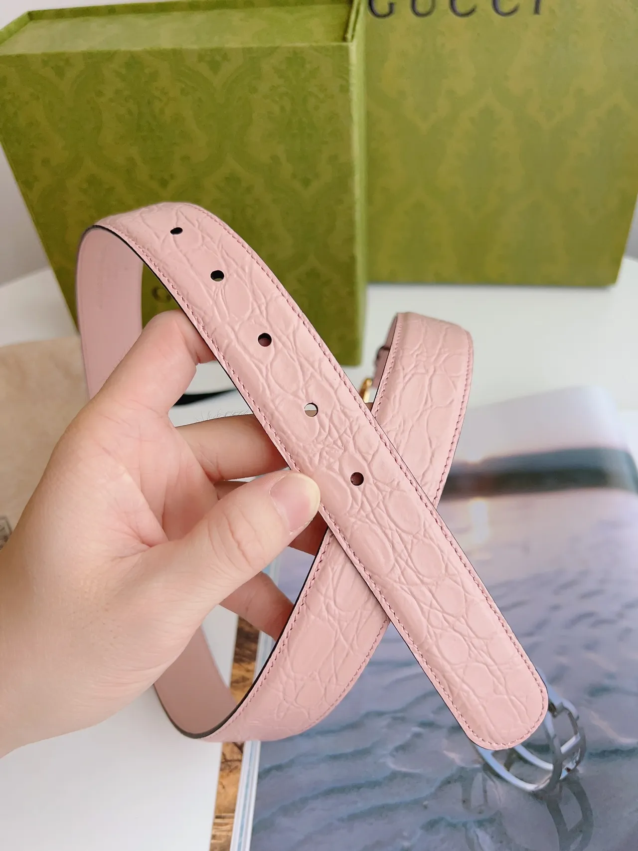 Gucci Horsebit 1955 Pink Textured Leather Belt 9