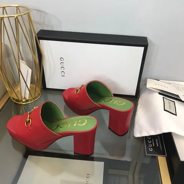 Gucci Horsebit 1955 Red Leather Gold Horsebit Green Insole Slippers 6