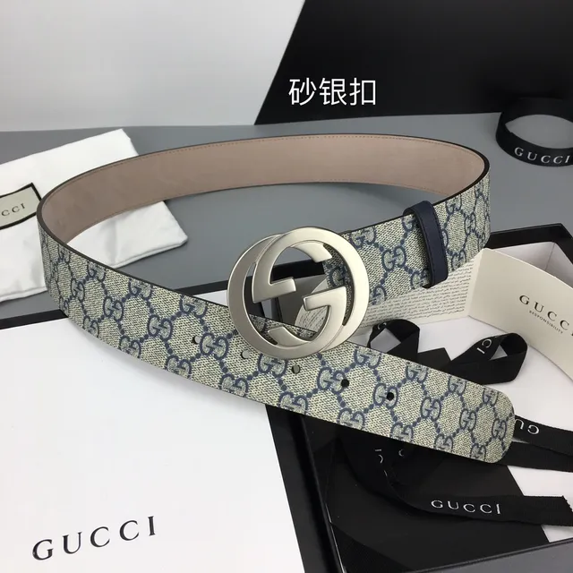 حزام Gucci Interlocking G بيج و بحري GG Supreme Canvas جلد حزام 2
