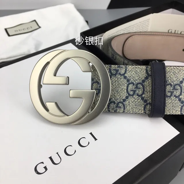 حزام Gucci Interlocking G بيج و بحري GG Supreme Canvas جلد حزام 3