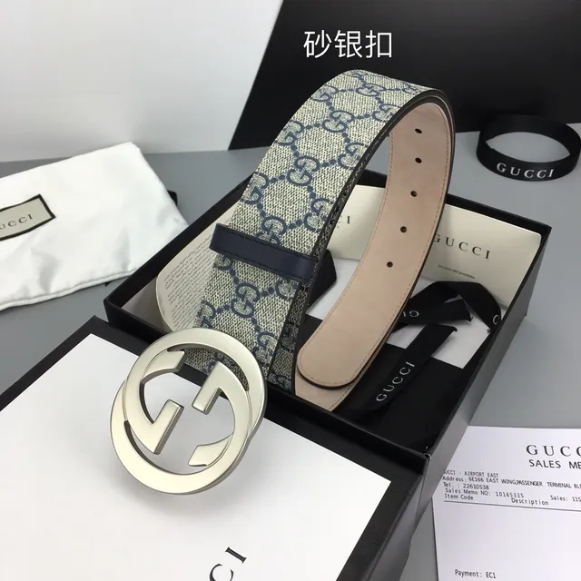 حزام Gucci Interlocking G بيج و بحري GG Supreme Canvas جلد حزام 4
