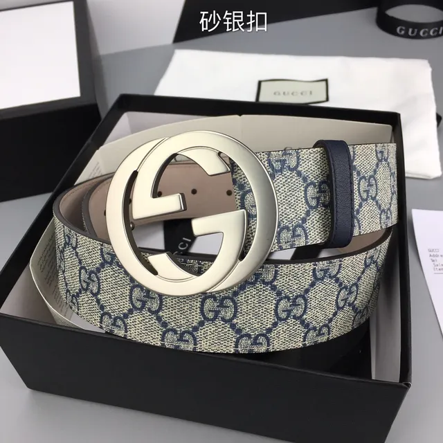 حزام Gucci Interlocking G بيج و بحري GG Supreme Canvas جلد حزام 5