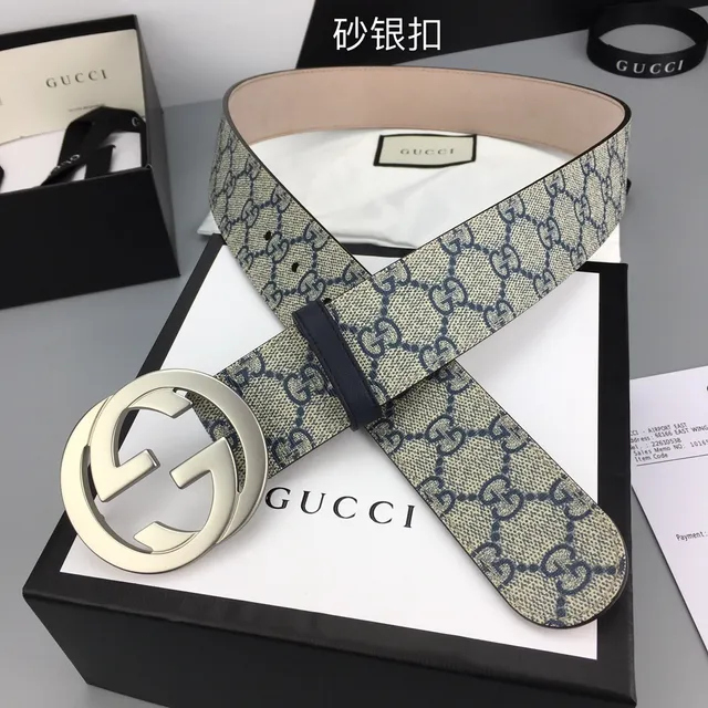 حزام Gucci Interlocking G بيج و بحري GG Supreme Canvas جلد حزام 6