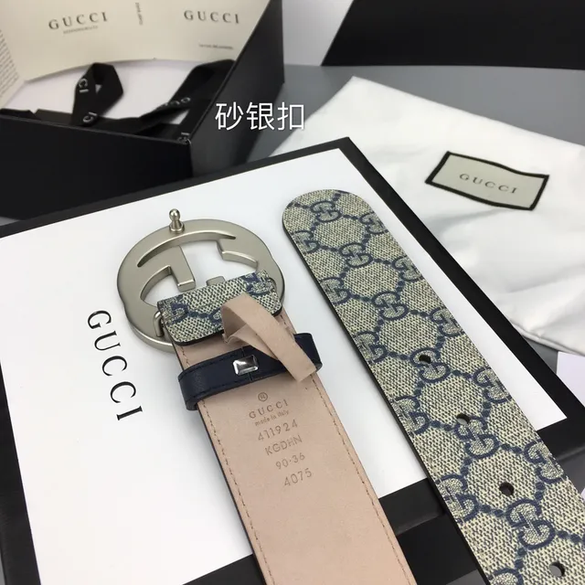 حزام Gucci Interlocking G بيج و بحري GG Supreme Canvas جلد حزام 8