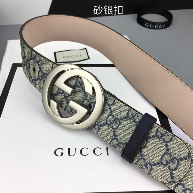 حزام Gucci Interlocking G بيج و بحري GG Supreme Canvas جلد حزام 9