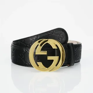 Gucci Interlocking G কালো সোনালি উৎকীর্ণ GG Monogram Buckle লেদার বেল্ট