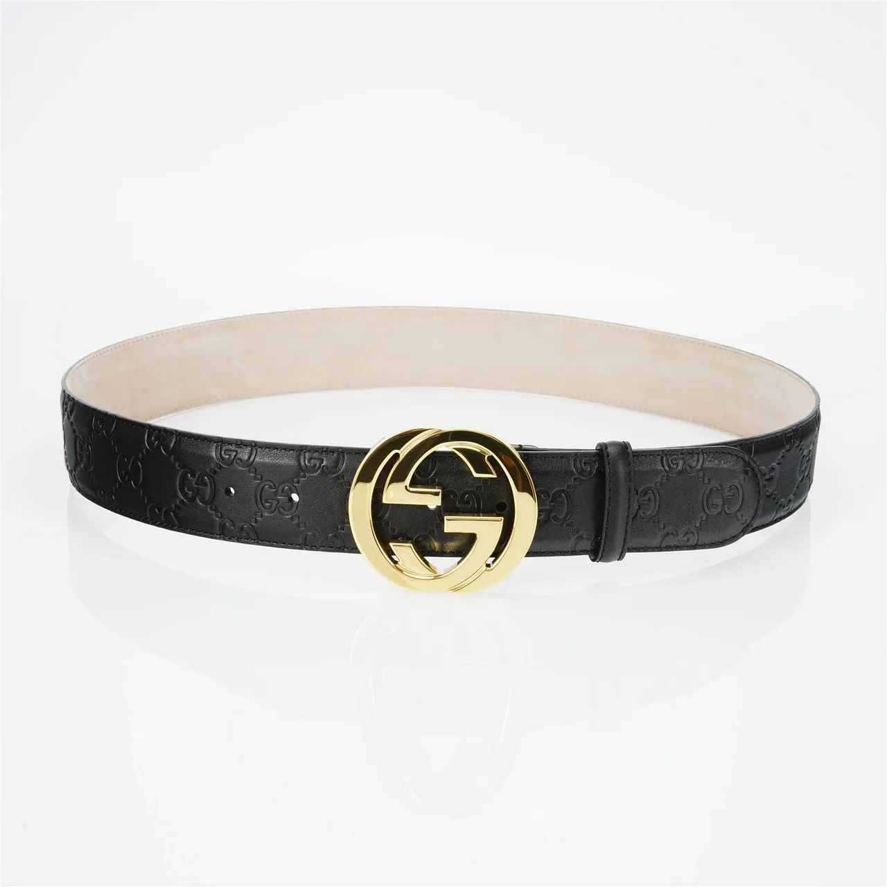 Gucci Interlocking G কালো সোনালি উৎকীর্ণ GG Monogram Buckle লেদার বেল্ট 2