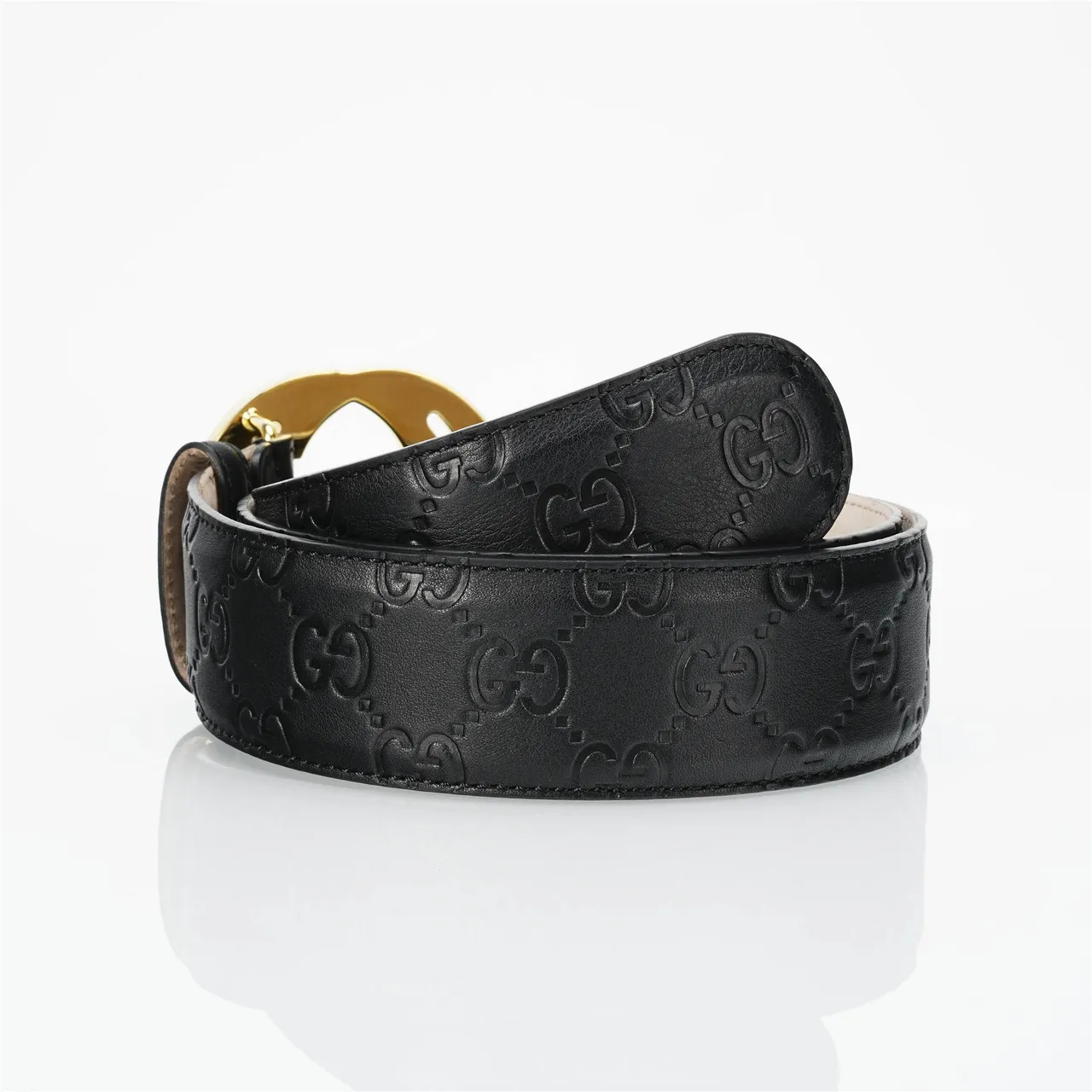 Gucci Interlocking G কালো সোনালি উৎকীর্ণ GG Monogram Buckle লেদার বেল্ট 4