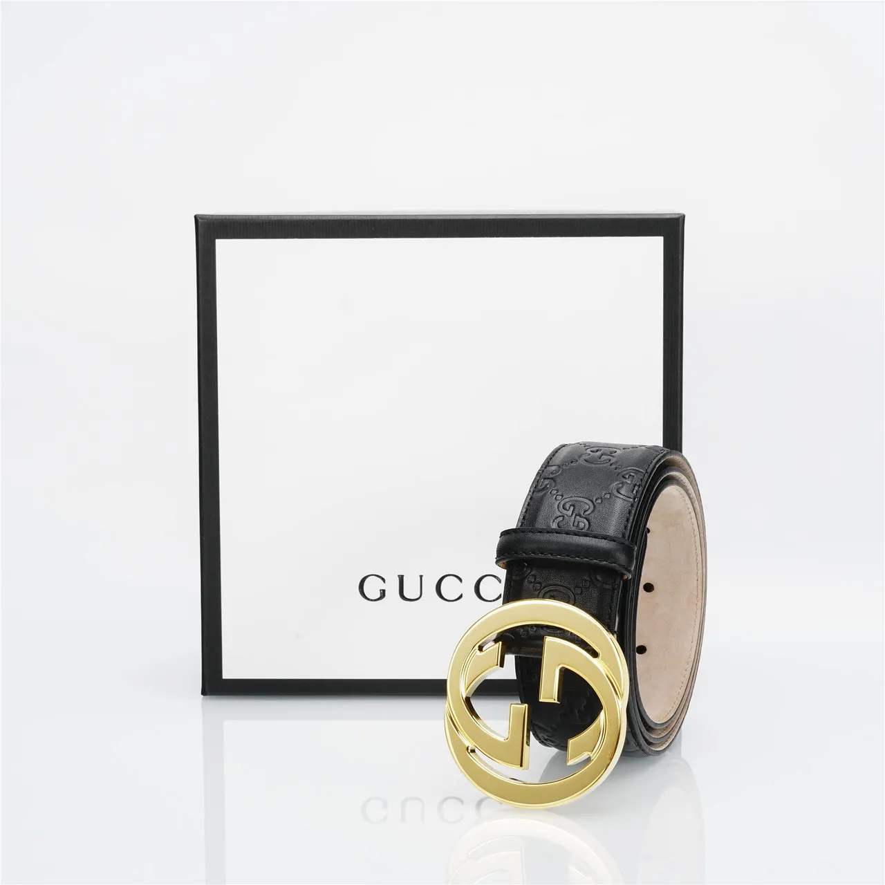 Gucci Interlocking G কালো সোনালি উৎকীর্ণ GG Monogram Buckle লেদার বেল্ট 6