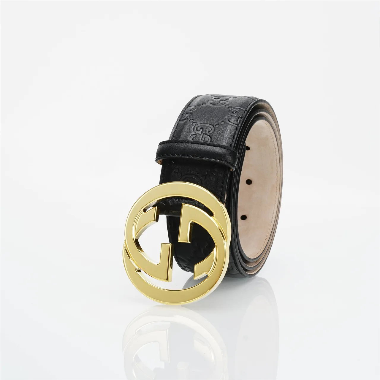 Gucci Interlocking G কালো সোনালি উৎকীর্ণ GG Monogram Buckle লেদার বেল্ট 7