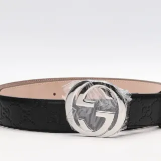 Gucci Interlocking G Belt Black Silver Embossed GG Monogram Buckle Leather Belt