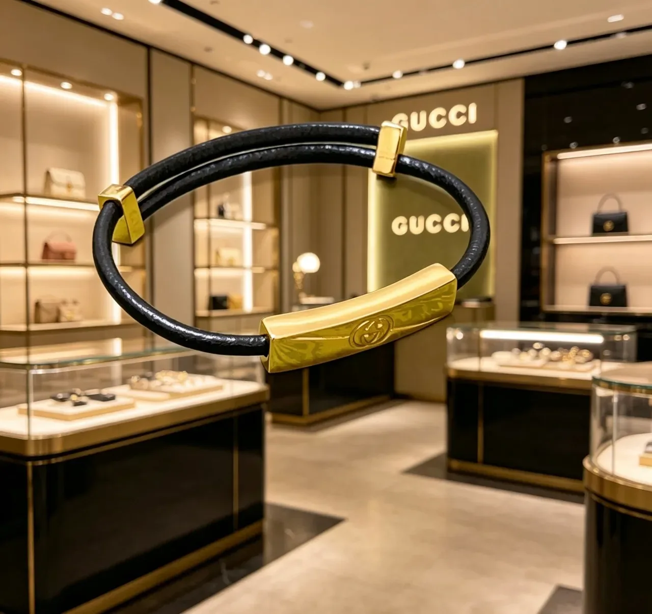 Gucci Interlocking G Black Leather and Gold-Tone Bracelet 7
