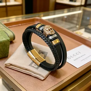 Gucci رأس الأسد حزام مزدوج جلد أسود وسلك مضفر سوار