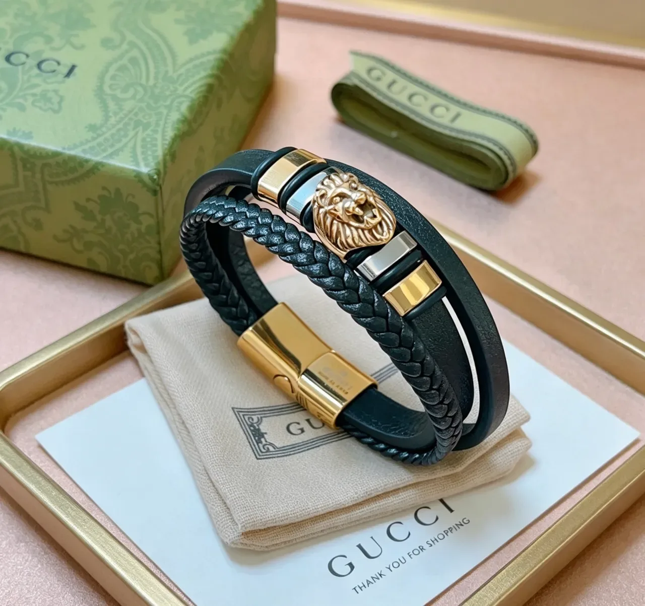 Gucci শের হেড ডুয়াল স্ট্র্যাপ কালো চামড়া এবং ব্রেডেড কর্ড ব্রেসলেট 2