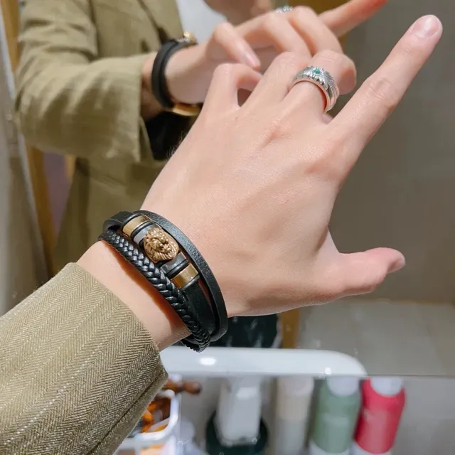 Gucci শের হেড ডুয়াল স্ট্র্যাপ কালো চামড়া এবং ব্রেডেড কর্ড ব্রেসলেট 5