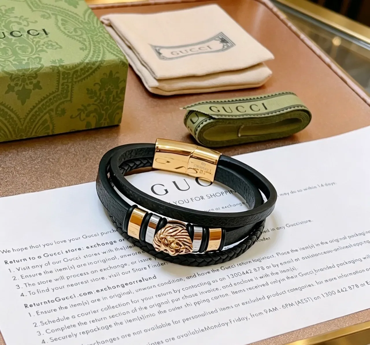 Gucci শের হেড ডুয়াল স্ট্র্যাপ কালো চামড়া এবং ব্রেডেড কর্ড ব্রেসলেট 6