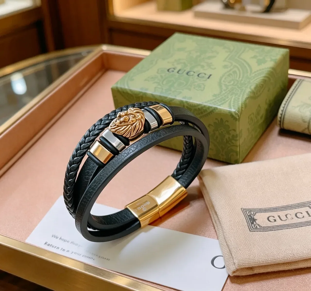 Gucci শের হেড ডুয়াল স্ট্র্যাপ কালো চামড়া এবং ব্রেডেড কর্ড ব্রেসলেট 7