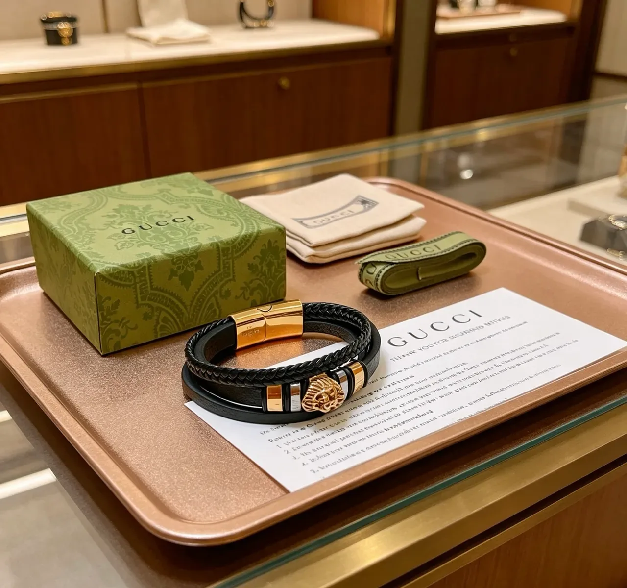 Gucci শের হেড ডুয়াল স্ট্র্যাপ কালো চামড়া এবং ব্রেডেড কর্ড ব্রেসলেট 9