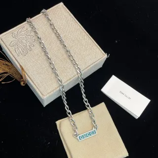 Gucci Logo Bar Enamel Pendant Silver Chain Necklace