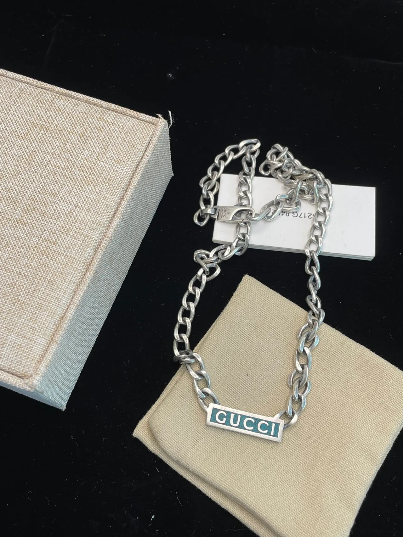 Gucci Logo Bar 珐琅坠银链项链 2