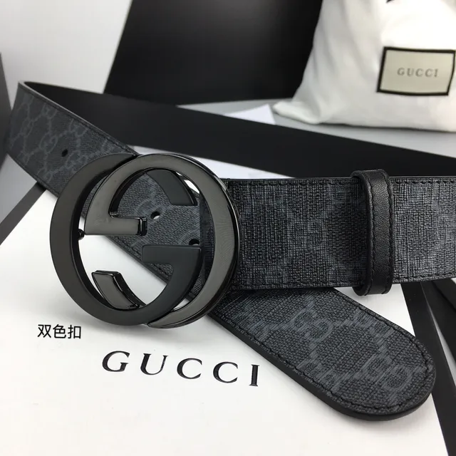 Gucci Ophidia Black Gray GG Monogram Canvas Interlocking G Buckle Leather Belt 5