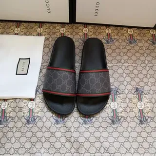 Gucci Ophidia Negro Gris GG Supreme Canvas Strap Web Stripe Trim Slippers