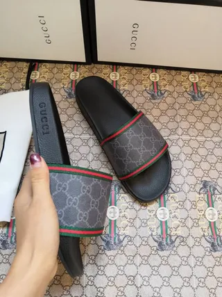 Gucci Ophidia Black Gray GG Supreme Canvas Strap Web Stripe Trim Slippers 8