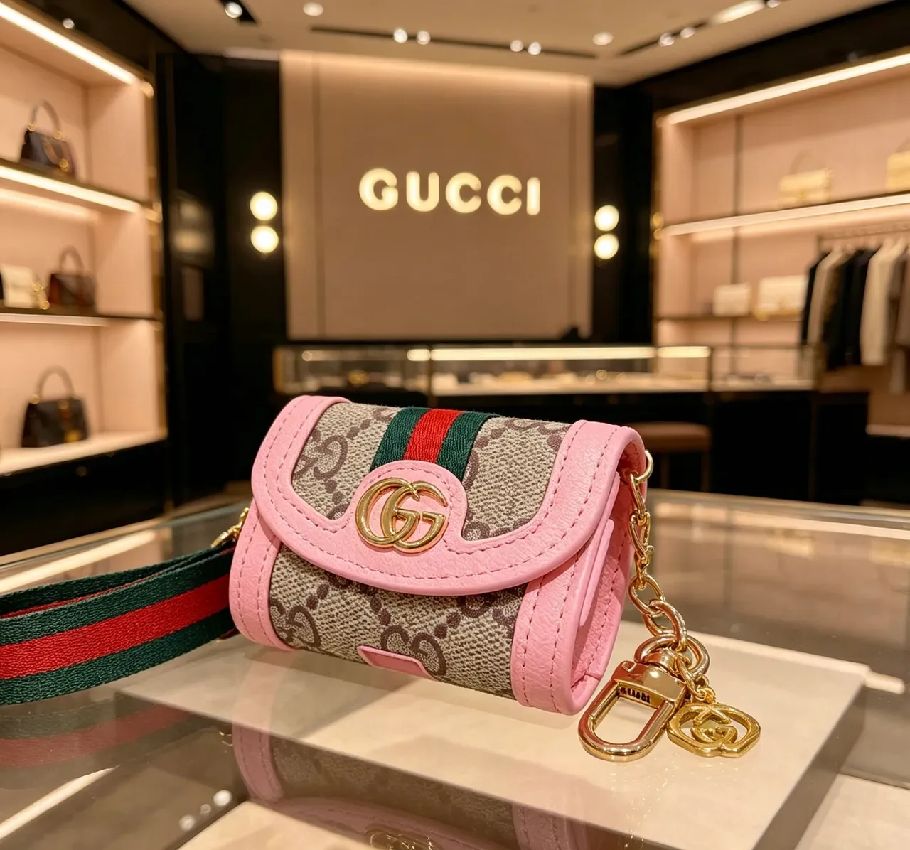 Gucci Ophidia Bolsa Cruzada de Lona Monograma Rosa Bege com Flap-Top 2