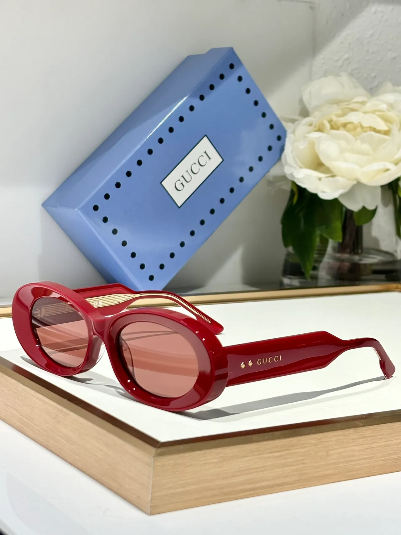 Gucci Óculos de sol Marco ovalado de acetato rosa marrom Acento de ponte dourado 8