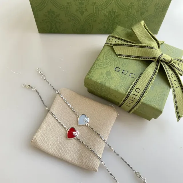 Gucci Red Blue Heart-Shaped Enamel Pendant Interlocking G Logo Necklace 2