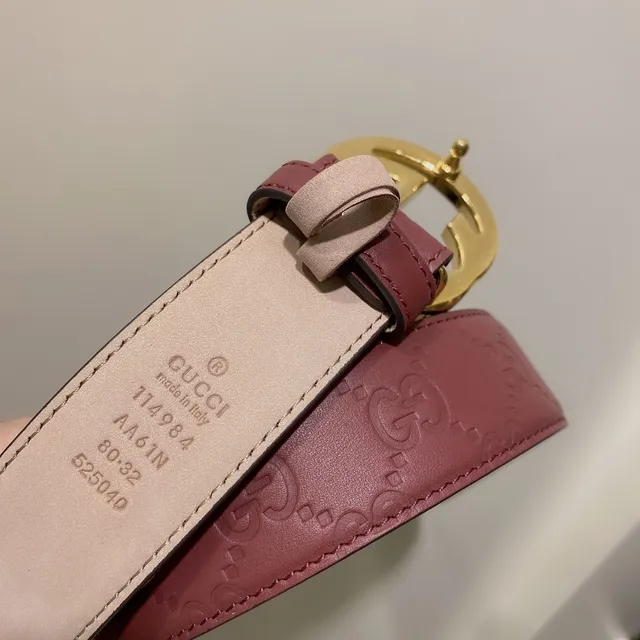 Gucci حزام جلدي ذهبي أحمر مطبوع GG مونوغرام متشابك G مع مشبك 3