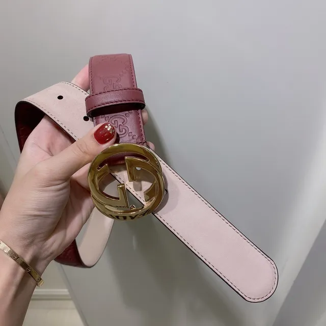 Gucci حزام جلدي ذهبي أحمر مطبوع GG مونوغرام متشابك G مع مشبك 5