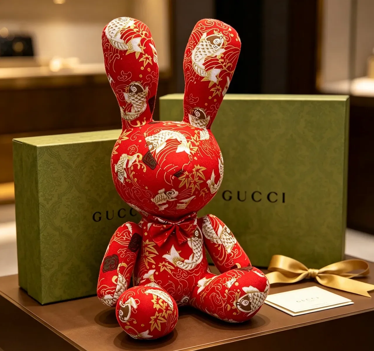 Bolso Gucci Rojo Dorado Peluche Bordado Motivo Peces y Bambú 7