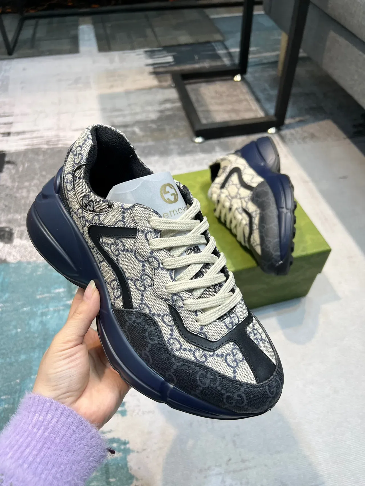 Gucci Rhyton Beige and Navy Chunky Sneakers 4
