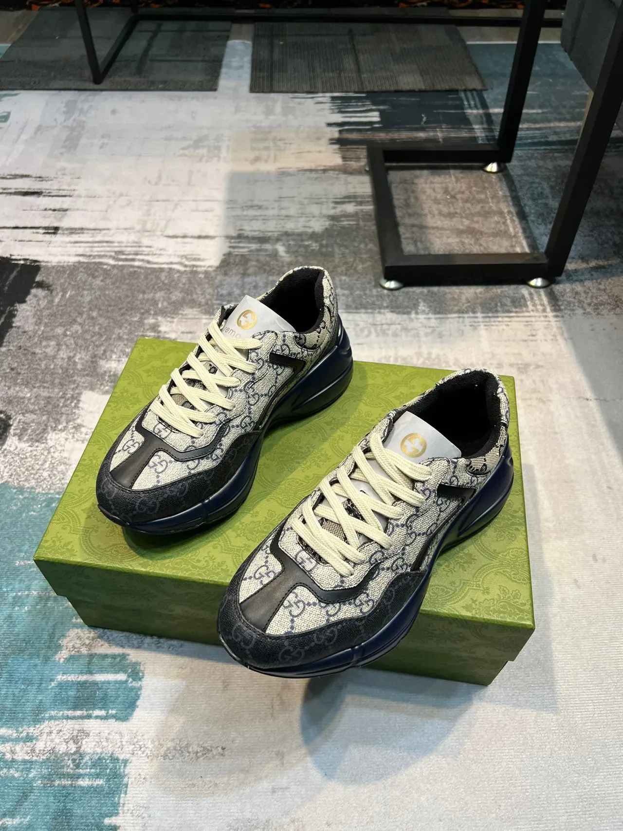 Gucci Rhyton Beige and Navy Chunky Sneakers 5