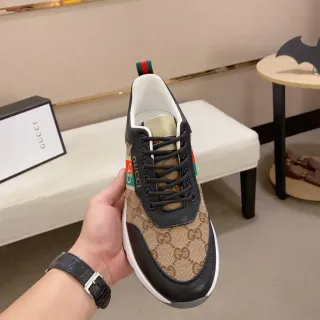 Gucci Rhyton Beige Negro Monograma Lona Cuero Superposiciones Estilo de Vida Zapatillas
