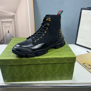 Gucci Rhyton काला Monogram Canvas और Leather Combat Boot